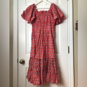 Pink City Prints Red Daisy Blockprint Midi Dress in XS
